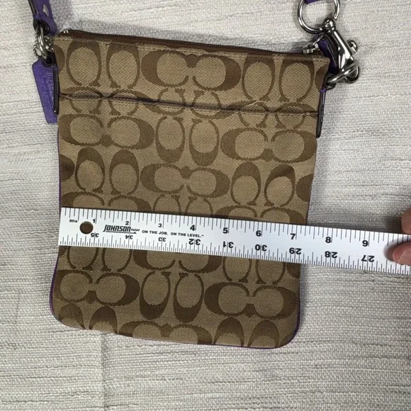 Coach Signature Monogram Canvas Purple Leather Trim Crossbody Bag - Picture 13 of 16